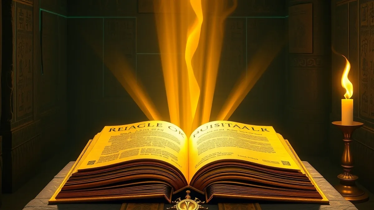 Glowing golden book on a stone altar in an Egyptian tomb