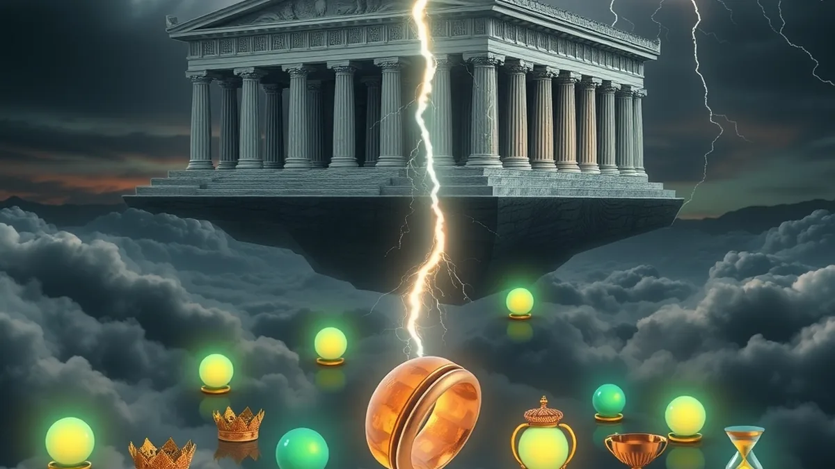 Lightning charging glowing orbs above a Greek temple in Gates of Olympus style