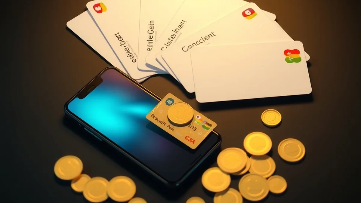 Bank cards, e-wallet phone and gold coins showing Seven casino payment methods