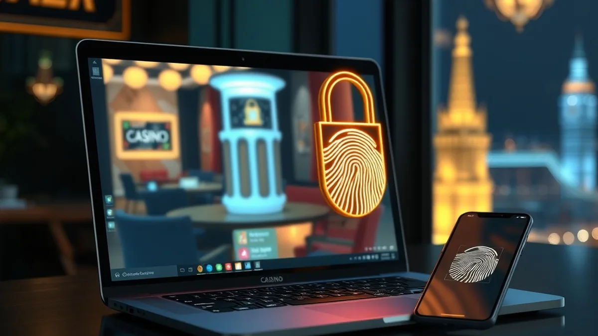 Laptop with blurred casino lobby and glowing padlock for secure Seven casino login