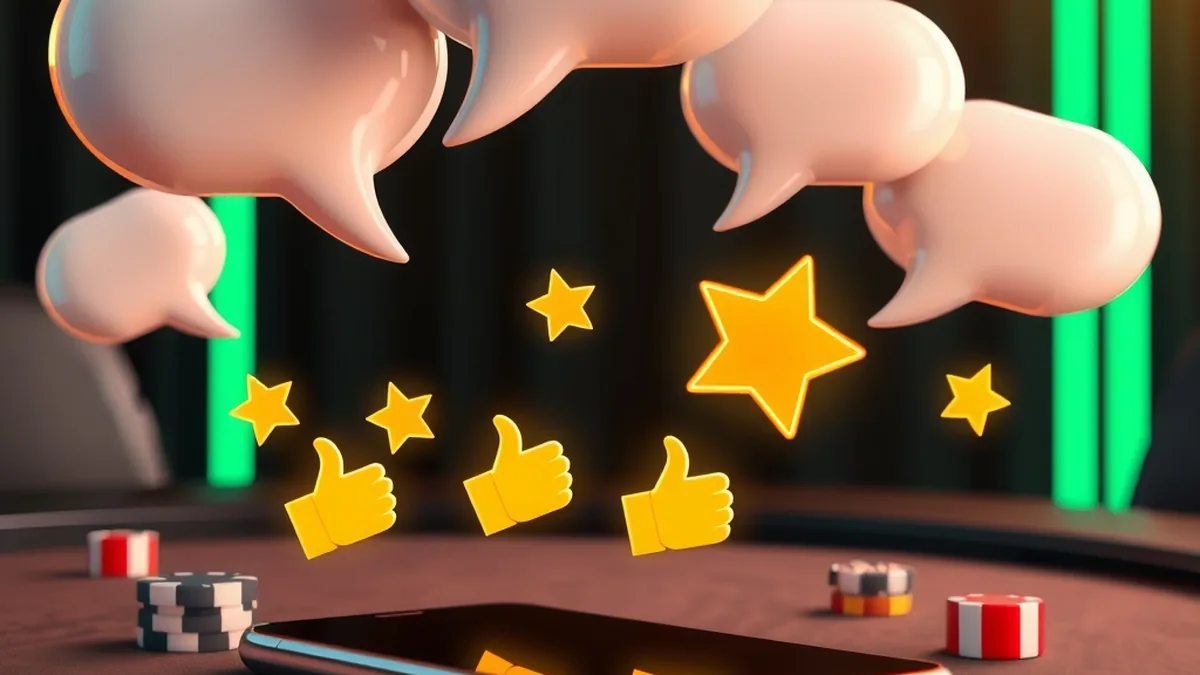 Golden stars and speech bubbles rising from a smartphone on a casino table