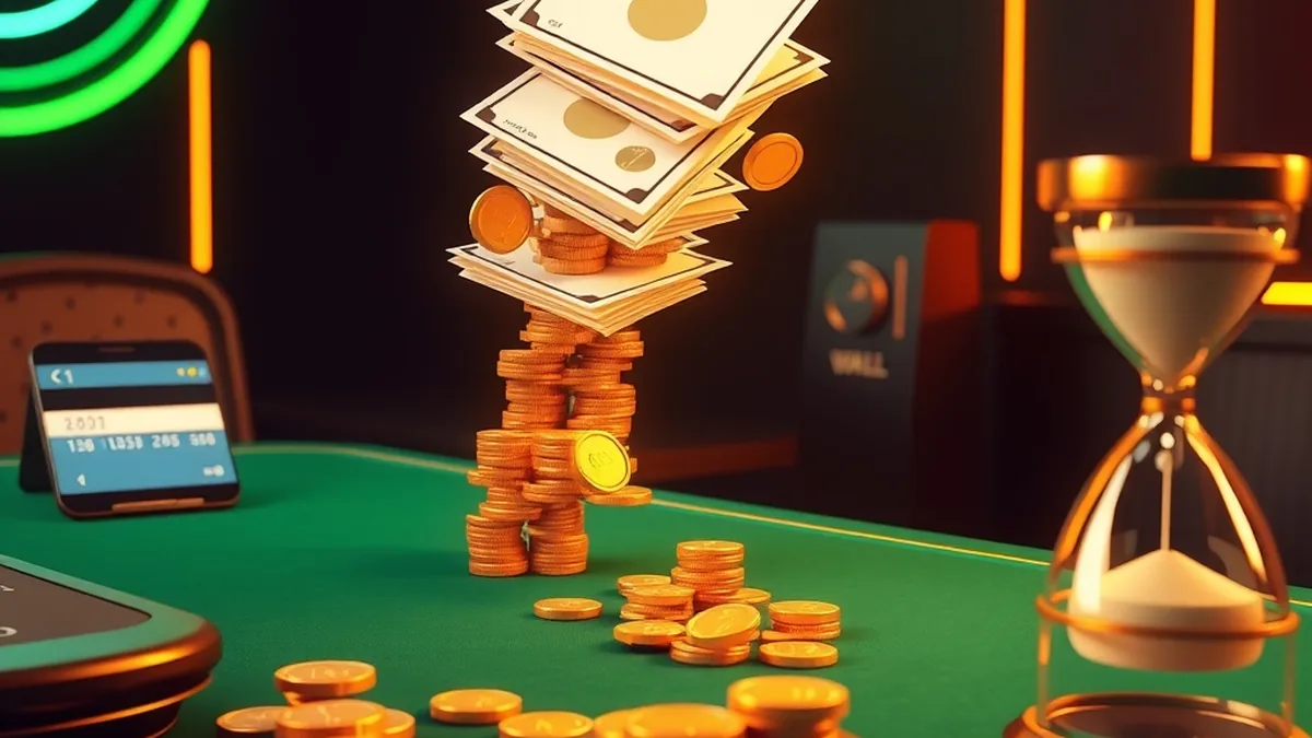 Coins and notes moving toward a bank card, phone and vault with an hourglass