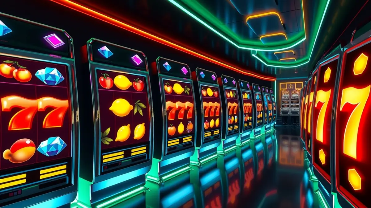 Row of slot machine reels with gems and fruits in a casino lobby